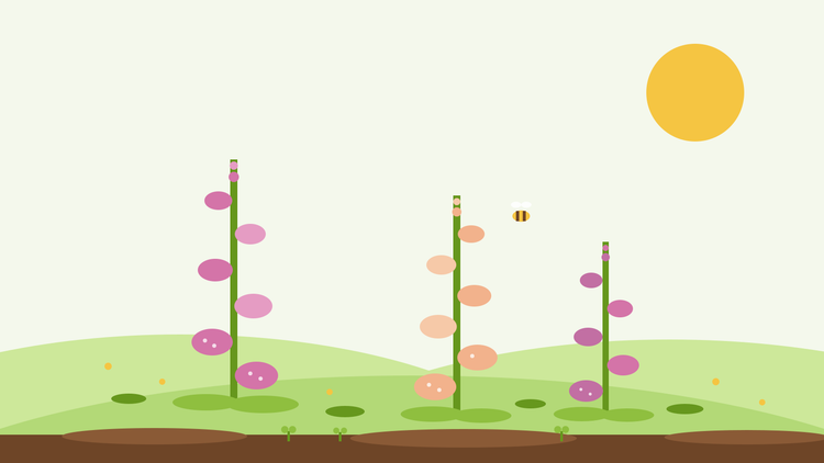 Odla fingerborgsblomma från frö — platt illustration av rosa och persikofärgade Digitalis-spiror med ett humlebi i en grön trädgård, från SeedsChoice