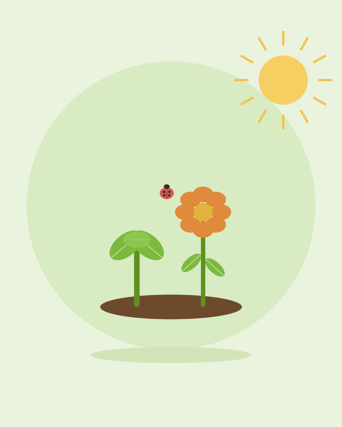 Platt illustration av en grönsak och en blomma som växer sida vid sida med en nyckelpiga — sällskapsodling, från SeedsChoice