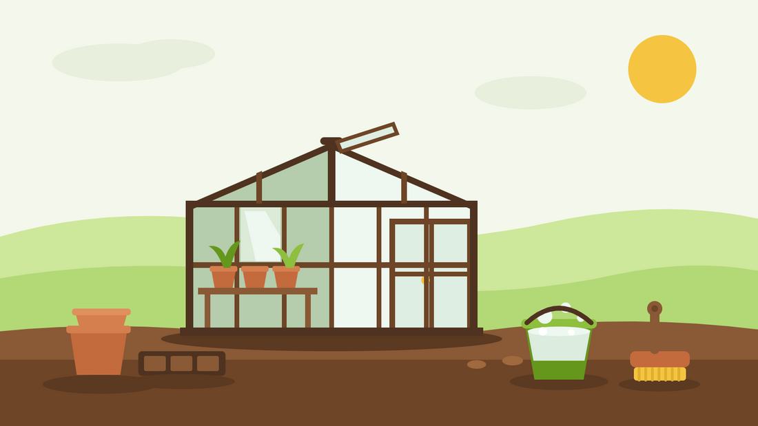 How to clean a greenhouse in autumn — flat illustration of a greenhouse with half-washed glazing, a bucket of soapy water and a scrubbing brush