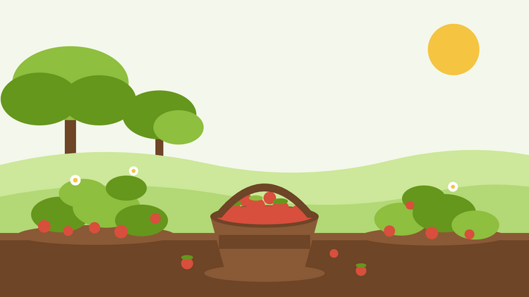 Skördning av smultron – platt illustration av låga Fragaria vesca-tuvor med små röda bär intill en korg med plockad frukt