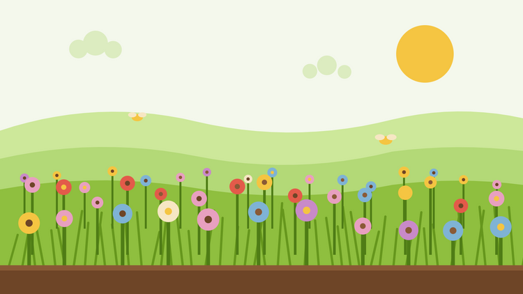 Hur man sår en vildblomsteräng — platt illustration av en blommande äng med gräs, vallmo, prästkragar och fjärilar