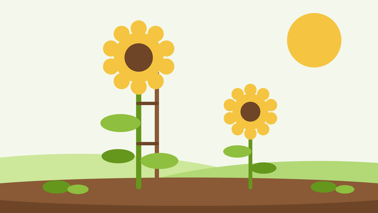 Solrosskötsel – platt illustration av en hög solros upphängd vid en träpåle bredvid en mindre solros i en solig trädgård