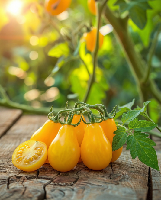 Körsbärstomat Yellow Pearshaped (Solanum lycopersicum) – ekologiska ettåriga grönsaksfrön från SeedsChoice