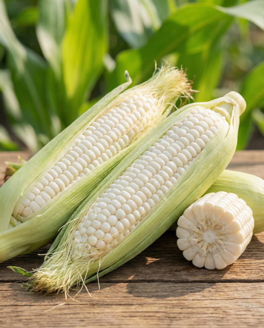 Sockermajs Glacial White Kernels (Zea mays) – frön av ettårig grönsak från SeedsChoice