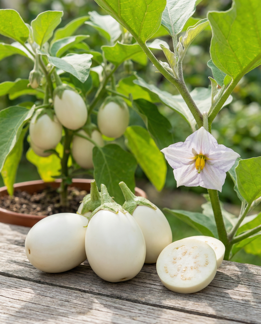 Aubergin White Egg (Solanum melongena) – ettåriga grönsaksfrön från SeedsChoice